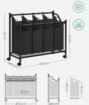 Wasmand met 4 Afneembare Waszakken – Verrijdbare Waswagen met Remmen