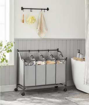 Wasmand met 4 Afneembare Waszakken – Verrijdbare Waswagen met Remmen