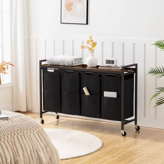 Rolbare Wasmand met 4 Compartimenten en Bovenplank – Was­sorteerder op Wielen