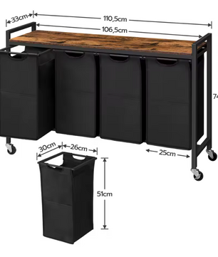 Rolbare Wasmand met 4 Compartimenten en Bovenplank – Was­sorteerder op Wielen