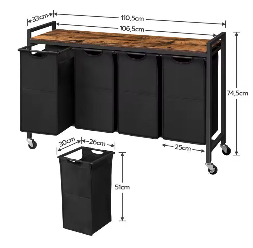 Rolbare Wasmand met 4 Compartimenten en Bovenplank – Was­sorteerder op Wielen