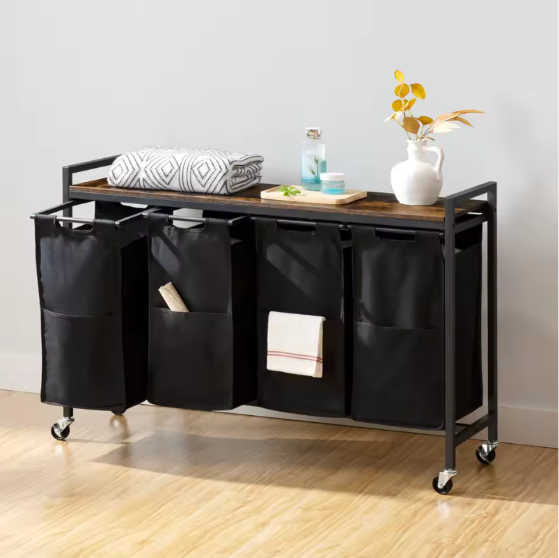 Rolbare Wasmand met 4 Compartimenten en Bovenplank – Was­sorteerder op Wielen