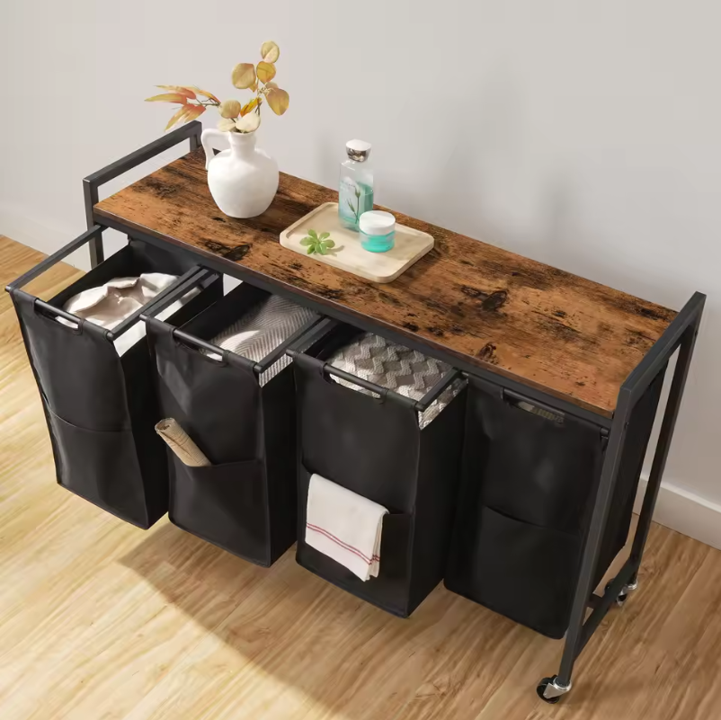 Rolbare Wasmand met 4 Compartimenten en Bovenplank – Was­sorteerder op Wielen