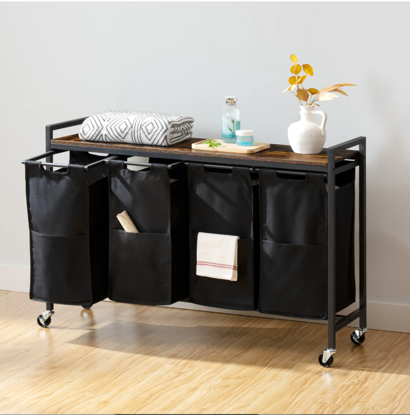 Rolbare Wasmand met 4 Compartimenten en Bovenplank – Was­sorteerder op Wielen