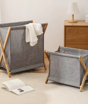 Opvouwbare Wasmand met Houten Frame – Katoen en Linnen, Japans Design