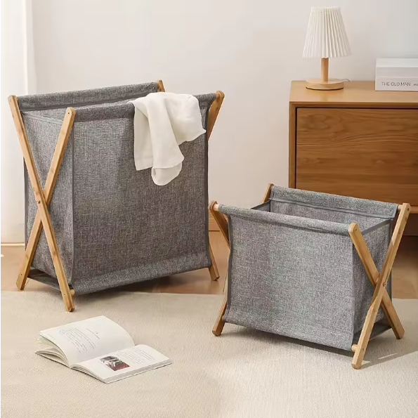 Opvouwbare Wasmand met Houten Frame – Katoen en Linnen, Japans Design