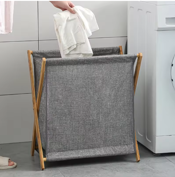 Opvouwbare Wasmand met Houten Frame – Katoen en Linnen, Japans Design
