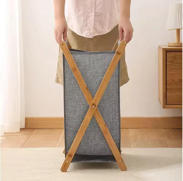 Opvouwbare Wasmand met Houten Frame – Katoen en Linnen, Japans Design