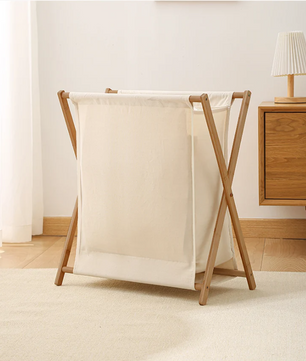 Opvouwbare Wasmand met Houten Frame – Katoen en Linnen, Japans Design