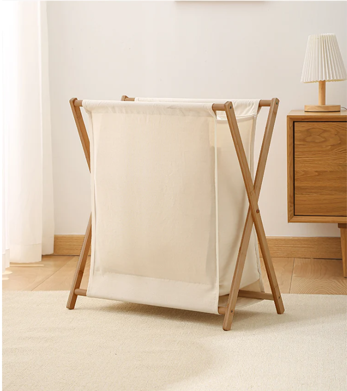 Opvouwbare Wasmand met Houten Frame – Katoen en Linnen, Japans Design