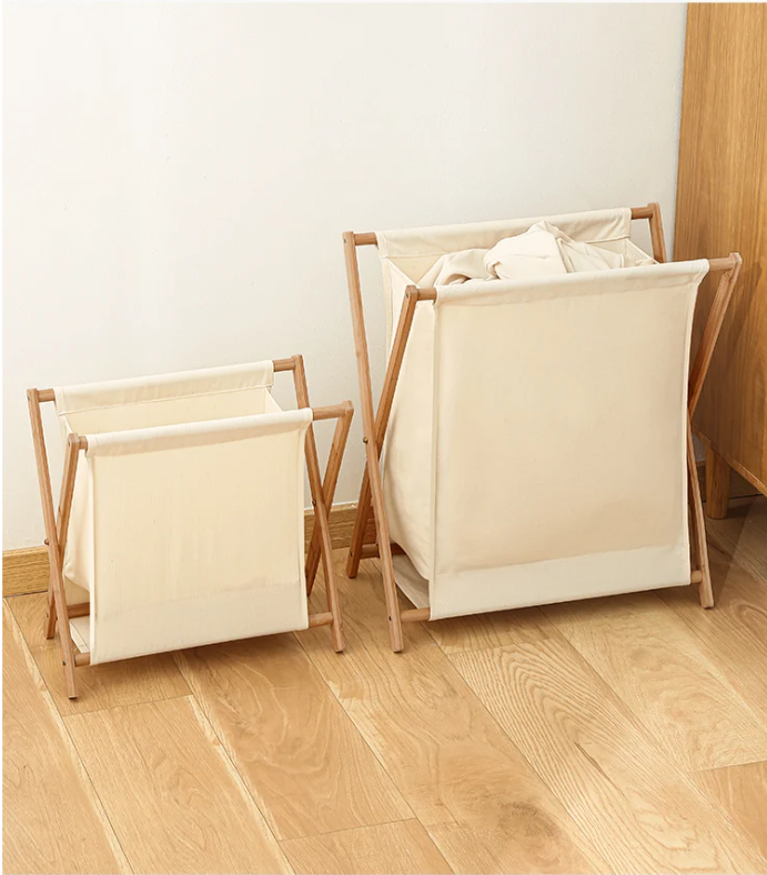 Opvouwbare Wasmand met Houten Frame – Katoen en Linnen, Japans Design