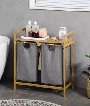 Bamboe Wasmand met 2 Uitneembare Waszakken en Opbergplateau – Praktisch en Ruimtebesparend