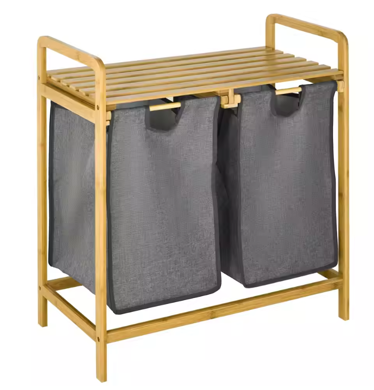 Bamboe Wasmand met 2 Uitneembare Waszakken en Opbergplateau – Praktisch en Ruimtebesparend