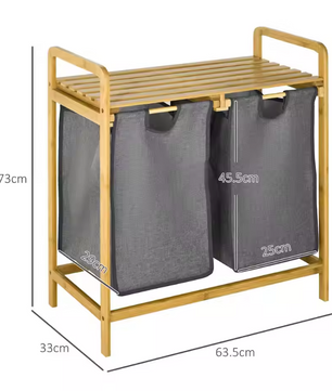 Bamboe Wasmand met 2 Uitneembare Waszakken en Opbergplateau – Praktisch en Ruimtebesparend