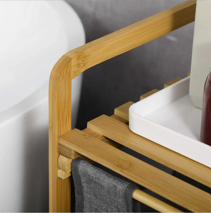 Bamboe Wasmand met 2 Uitneembare Waszakken en Opbergplateau – Praktisch en Ruimtebesparend