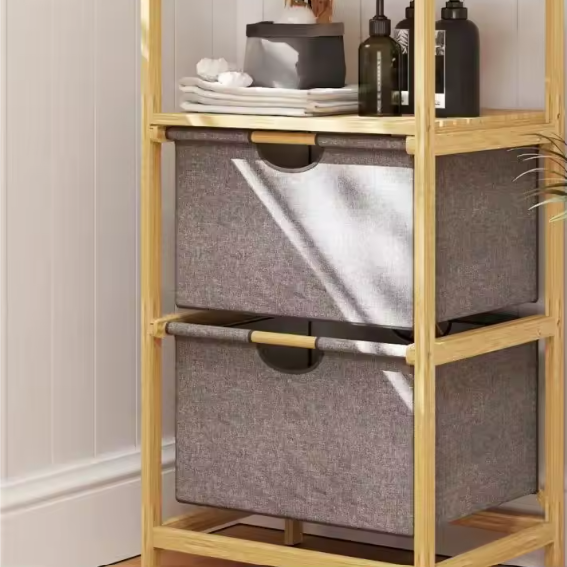 Bamboe Wasmand met 2 Open Opbergmanden en Handgreep – Staande Wasverzamelaar 35,4 L