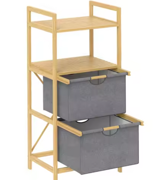 Bamboe Wasmand met 2 Open Opbergmanden en Handgreep – Staande Wasverzamelaar 35,4 L