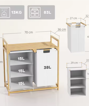 Bamboe Wasmand met 3 Compartimenten en Bovenblad – Praktisch en Georganiseerd