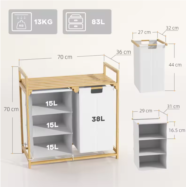 Bamboe Wasmand met 3 Compartimenten en Bovenblad – Praktisch en Georganiseerd