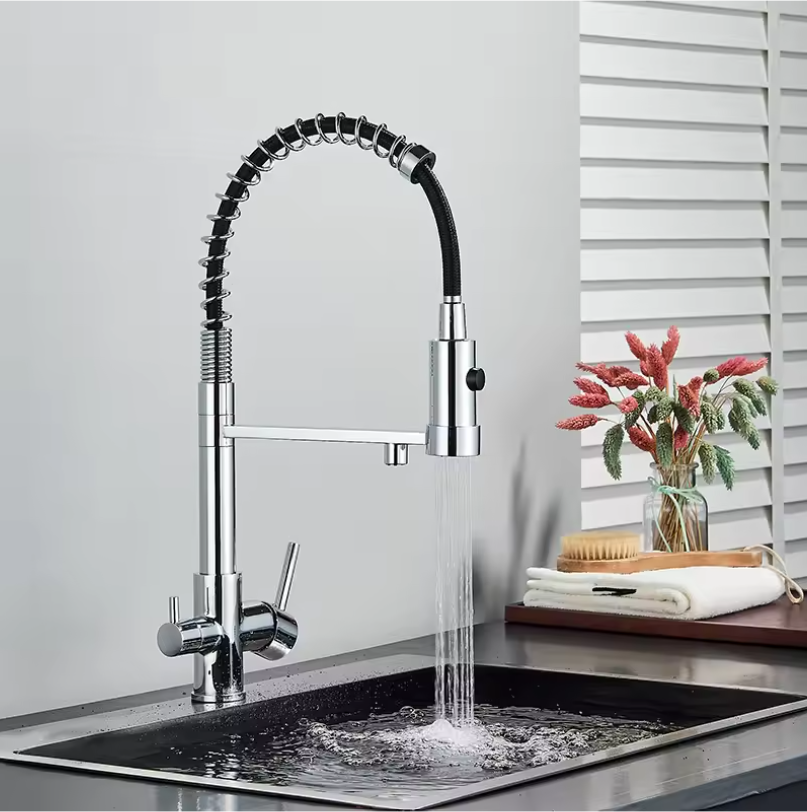 Keukenkraan met Gescheiden Hendels voor Warm, Koud en Gezuiverd Water – Messing Mengkraan voor Drinkwater, Opbouwmodel