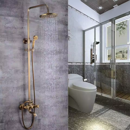 Retro Douche Set in Antieke Messinglook – Verstelbaar met Handdouche en Hoofddouche