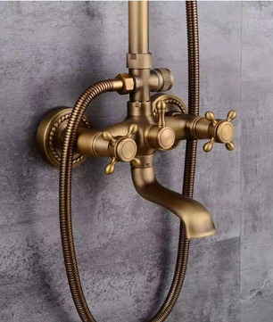 Retro Douche Set in Antieke Messinglook – Verstelbaar met Handdouche en Hoofddouche