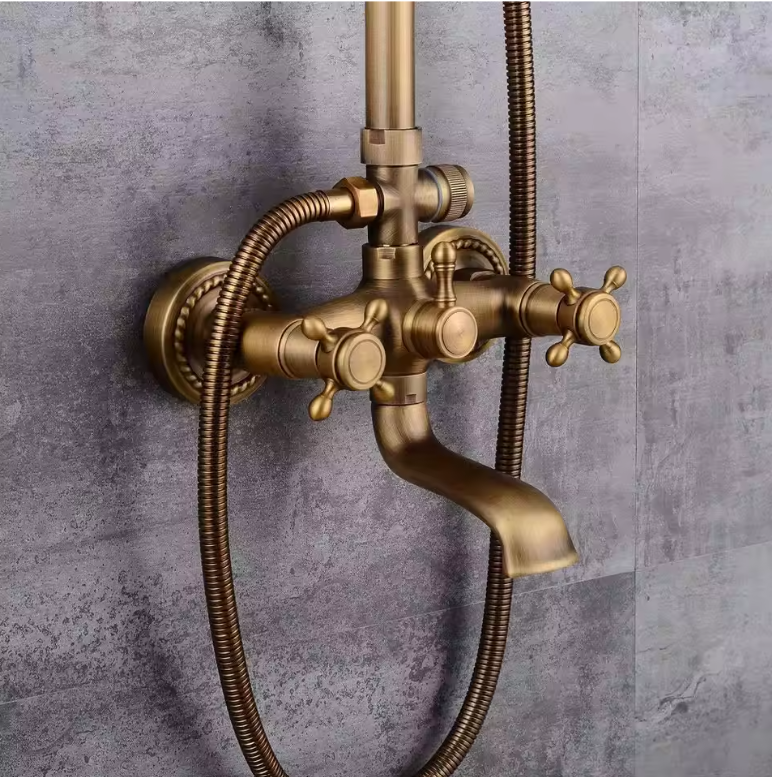 Retro Douche Set in Antieke Messinglook – Verstelbaar met Handdouche en Hoofddouche