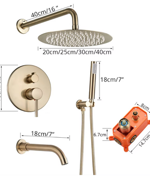 Inbouw Douche Set Geborsteld Goud met Grote Regendouche en Handdouche