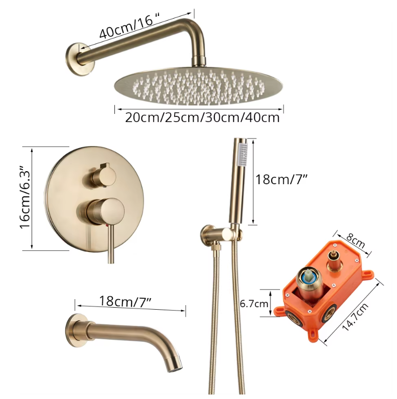 Inbouw Douche Set Geborsteld Goud met Grote Regendouche en Handdouche