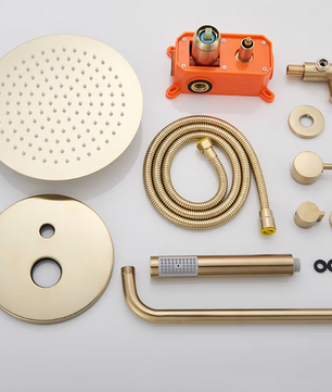 Inbouw Douche Set Geborsteld Goud met Grote Regendouche en Handdouche