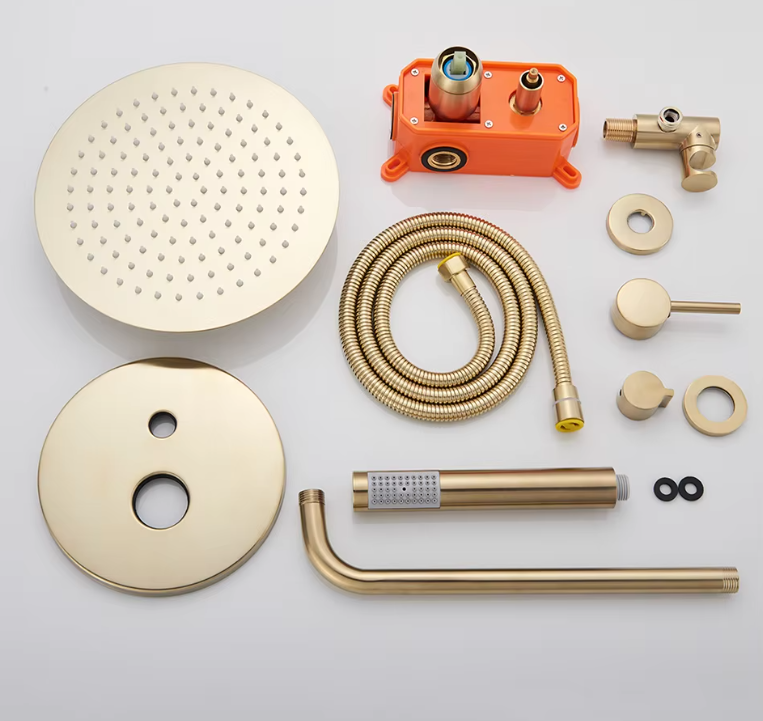 Inbouw Douche Set Geborsteld Goud met Grote Regendouche en Handdouche