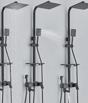 Zwart Chroom Douchekraan met Regendouche en 3/4-Weg Omstelling – Met Opbergplateau