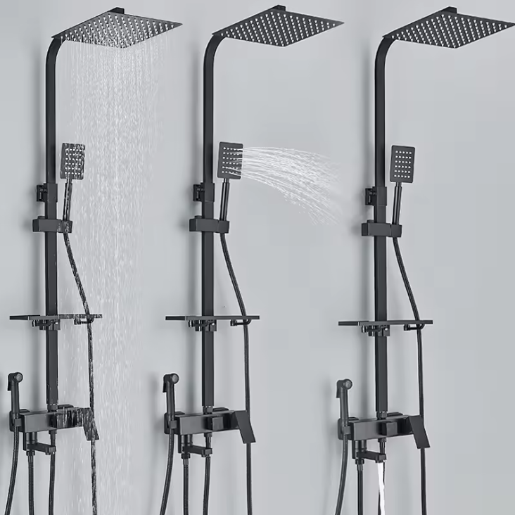 Zwart Chroom Douchekraan met Regendouche en 3/4-Weg Omstelling – Met Opbergplateau