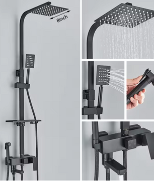 Zwart Chroom Douchekraan met Regendouche en 3/4-Weg Omstelling – Met Opbergplateau