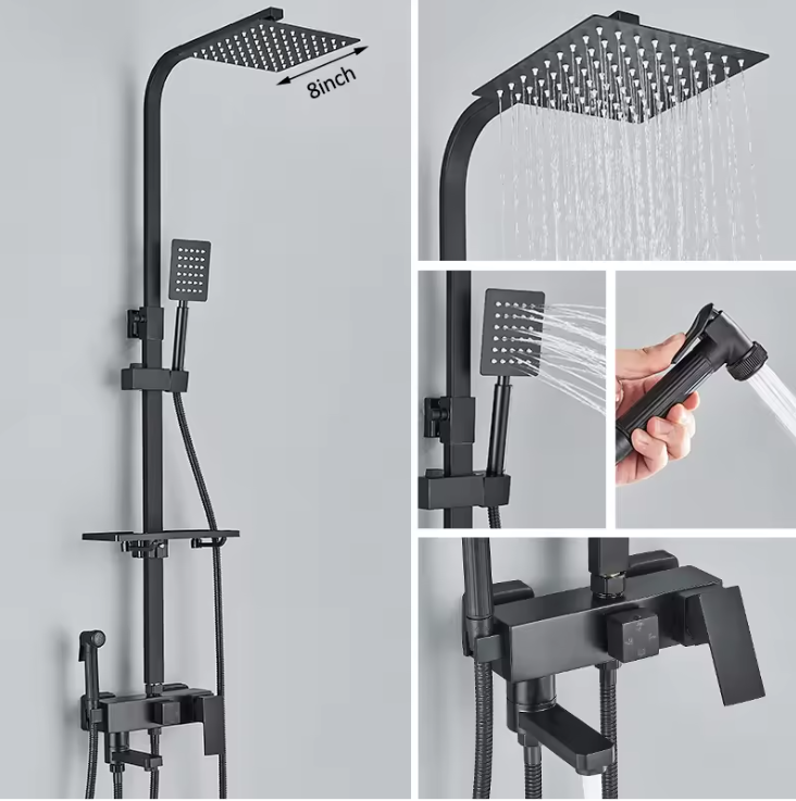 Zwart Chroom Douchekraan met Regendouche en 3/4-Weg Omstelling – Met Opbergplateau