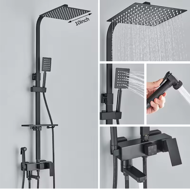 Zwart Chroom Douchekraan met Regendouche en 3/4-Weg Omstelling – Met Opbergplateau