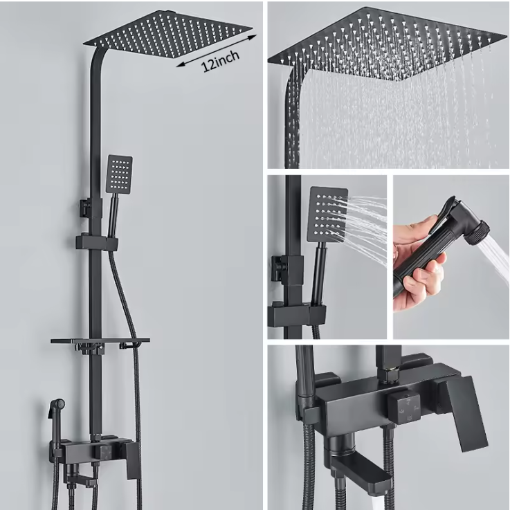 Zwart Chroom Douchekraan met Regendouche en 3/4-Weg Omstelling – Met Opbergplateau