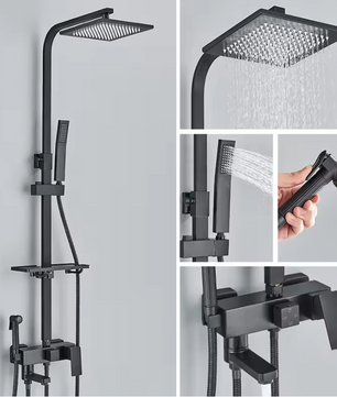 Zwart Chroom Douchekraan met Regendouche en 3/4-Weg Omstelling – Met Opbergplateau