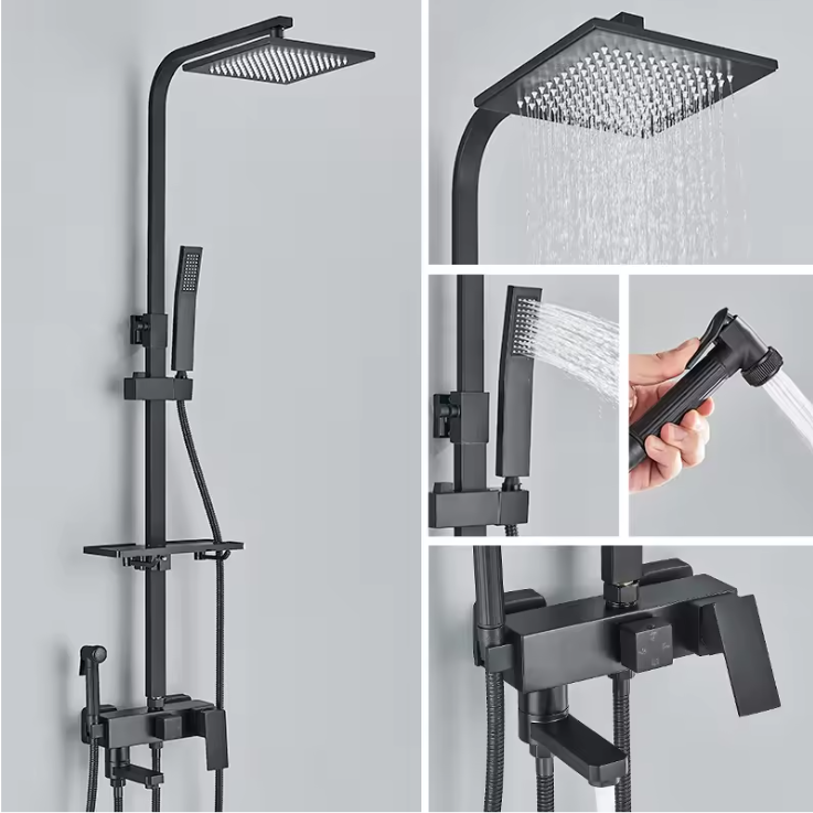 Zwart Chroom Douchekraan met Regendouche en 3/4-Weg Omstelling – Met Opbergplateau