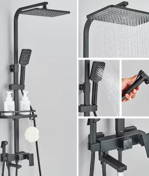 Zwart Chroom Douchekraan met Regendouche en 3/4-Weg Omstelling – Met Opbergplateau