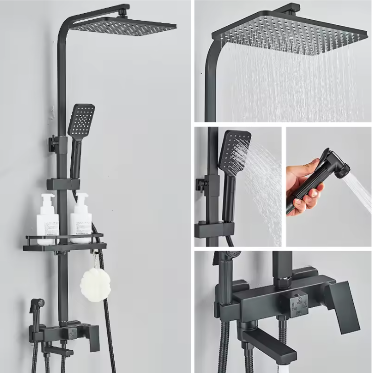 Zwart Chroom Douchekraan met Regendouche en 3/4-Weg Omstelling – Met Opbergplateau