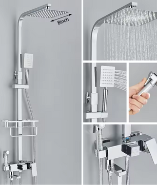 Zwart Chroom Douchekraan met Regendouche en 3/4-Weg Omstelling – Met Opbergplateau