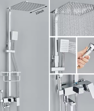 Zwart Chroom Douchekraan met Regendouche en 3/4-Weg Omstelling – Met Opbergplateau