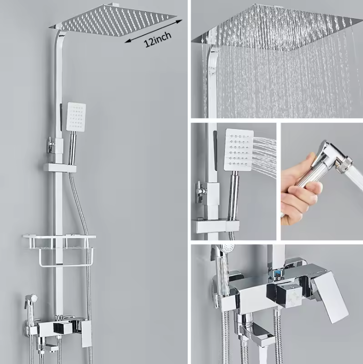 Zwart Chroom Douchekraan met Regendouche en 3/4-Weg Omstelling – Met Opbergplateau