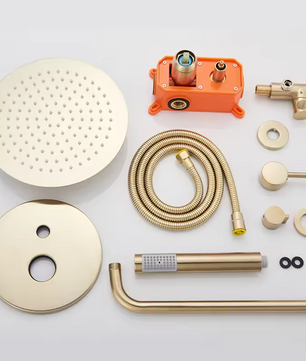 Inbouw Regendouche Set Geborsteld Goud – Ronde Douchekraan Warm en Koud