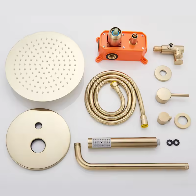 Inbouw Regendouche Set Geborsteld Goud – Ronde Douchekraan Warm en Koud