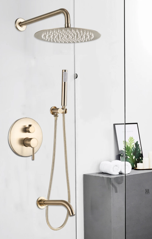 Inbouw Regendouche Set Geborsteld Goud – Ronde Douchekraan Warm en Koud