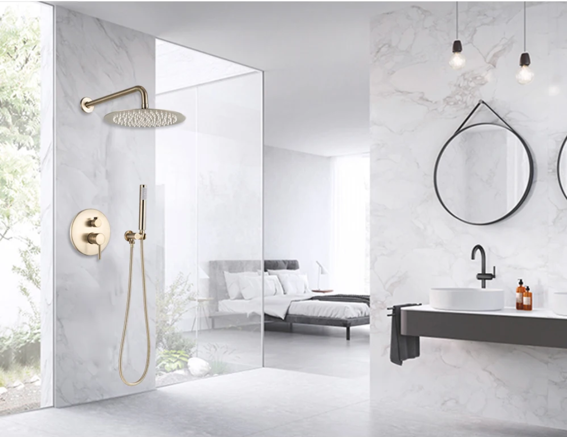 Inbouw Regendouche Set Geborsteld Goud – Ronde Douchekraan Warm en Koud