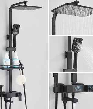 Black Digital Display Thermostatic Shower Faucets Rainfall Shower Thermostatic 4-way Mixer Commodity Shelf Bidet Faucet Shower