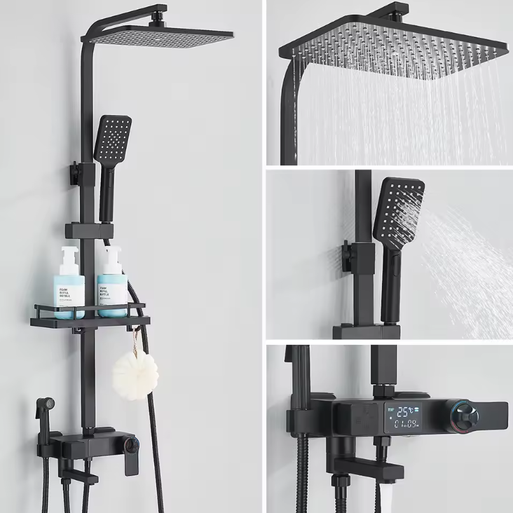 Black Digital Display Thermostatic Shower Faucets Rainfall Shower Thermostatic 4-way Mixer Commodity Shelf Bidet Faucet Shower